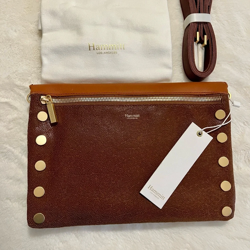 Hammitt Fold-Over Leather Clutch in Chestnut and Cognac